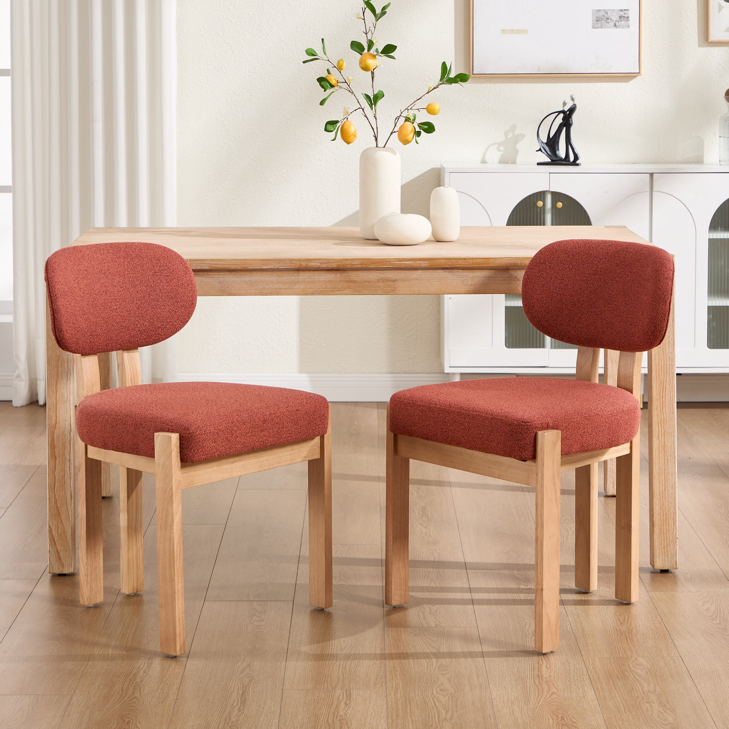 PORKISS Upholstered Dining Chairs Set of 2, Mid-Century Kitchen Chairs with Solid Wood Legs and Cushioned Wingback for Kitchen, Dark Orange