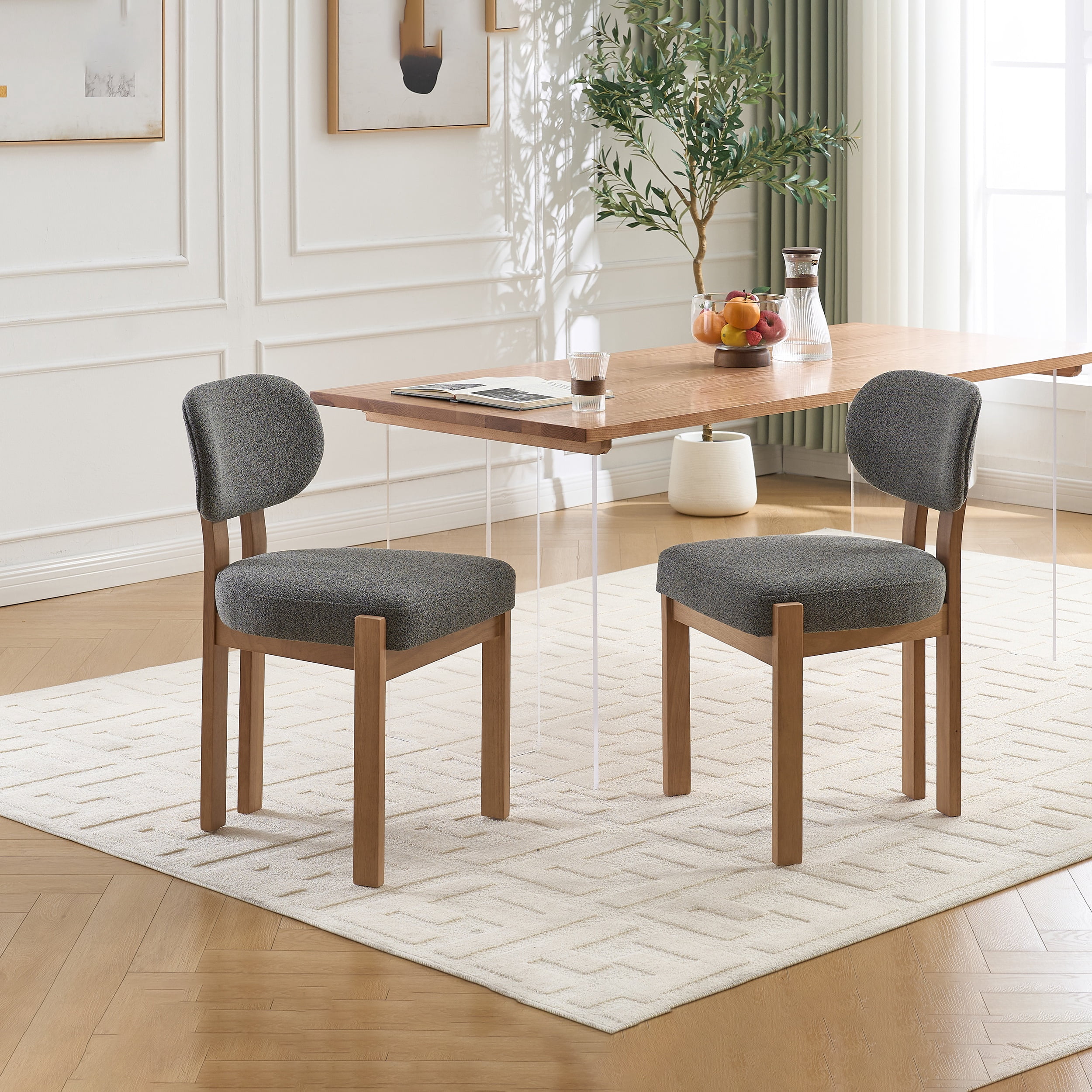 PORKISS Upholstered Dining Chairs Set of 2, Mid-Century Kitchen Chairs with Solid Wood Legs and Cushioned Wingback for Kitchen, Grey