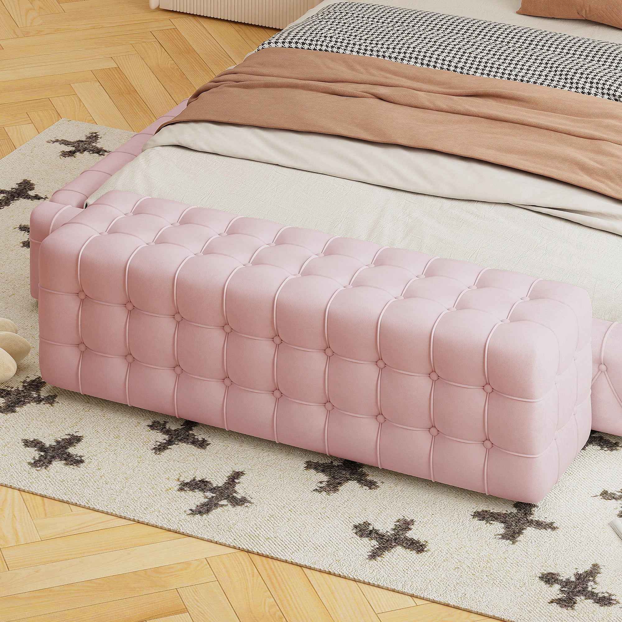 PORKISS Upholstered Ottoman, All Covered Velvet Rectangular Footstool, Wood Modern Ottoman Bench for Bedroom, No Assembly Required, Pink
