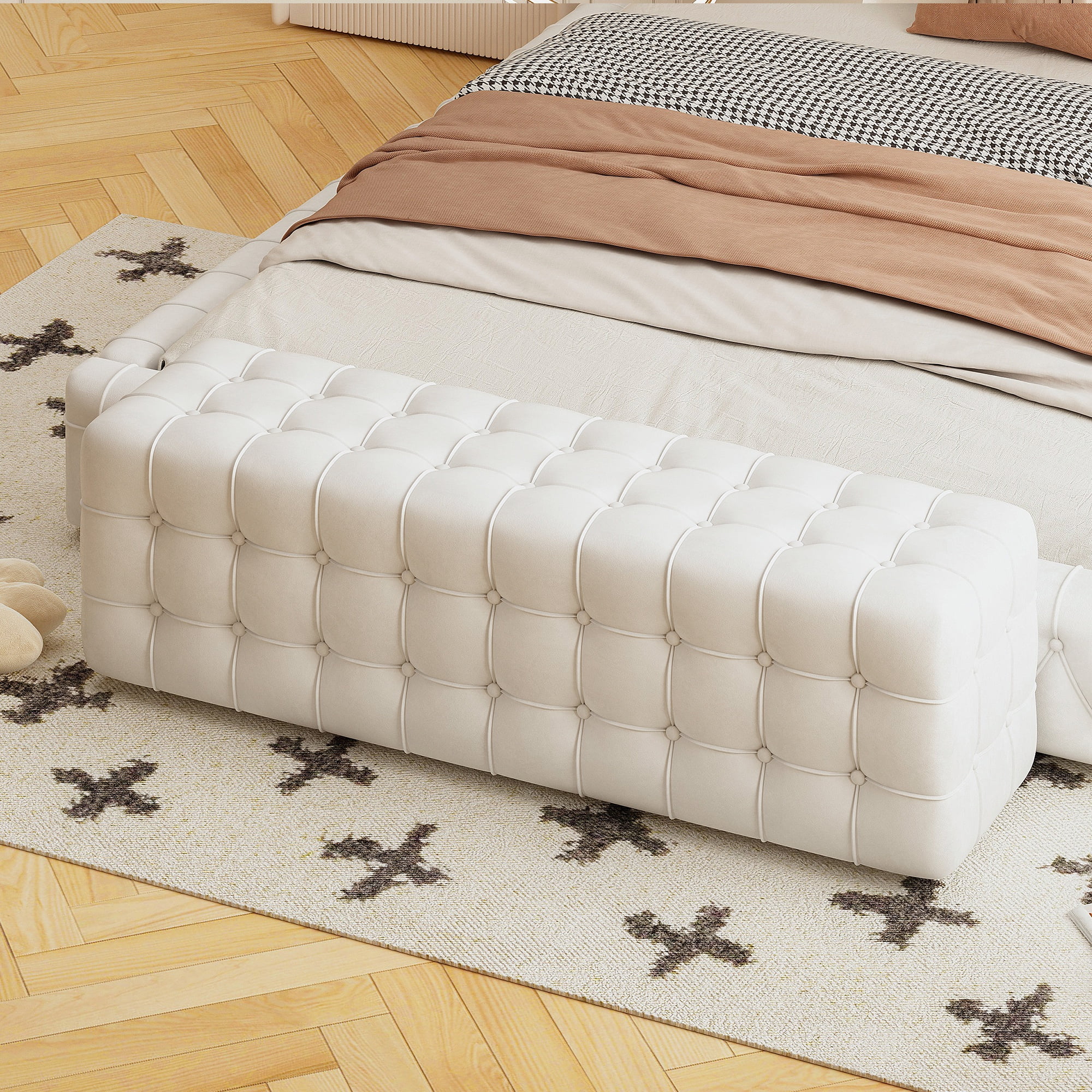 PORKISS Upholstered Ottoman, All Covered Velvet Rectangular Footstool, Wood Modern Ottoman Bench for Bedroom, No Assembly Required, White