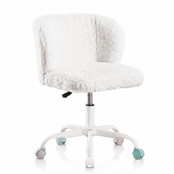 PAPROOS Adjustable Vanity Chair with Colorful Wheels, Swivel Faux Fur Makeup Chair, Cute Modern Adult-Size Wide Seat Home Office Chair for Bedroom, Apartments, 300lbs Capacity, Ivory