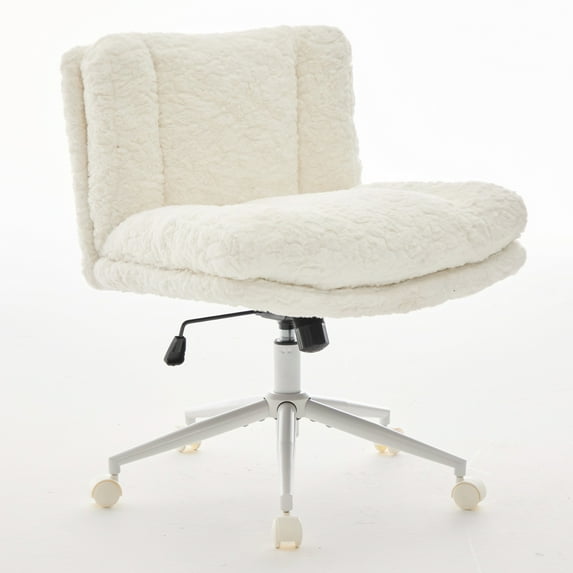 PORKISS Vanity Chair Makeup Chair, Home Office Chair, Ergonomic Desk Chair with Soft Faux Alpaca, Adjustable Swivel Task Computer Chair with Wheels, Cream