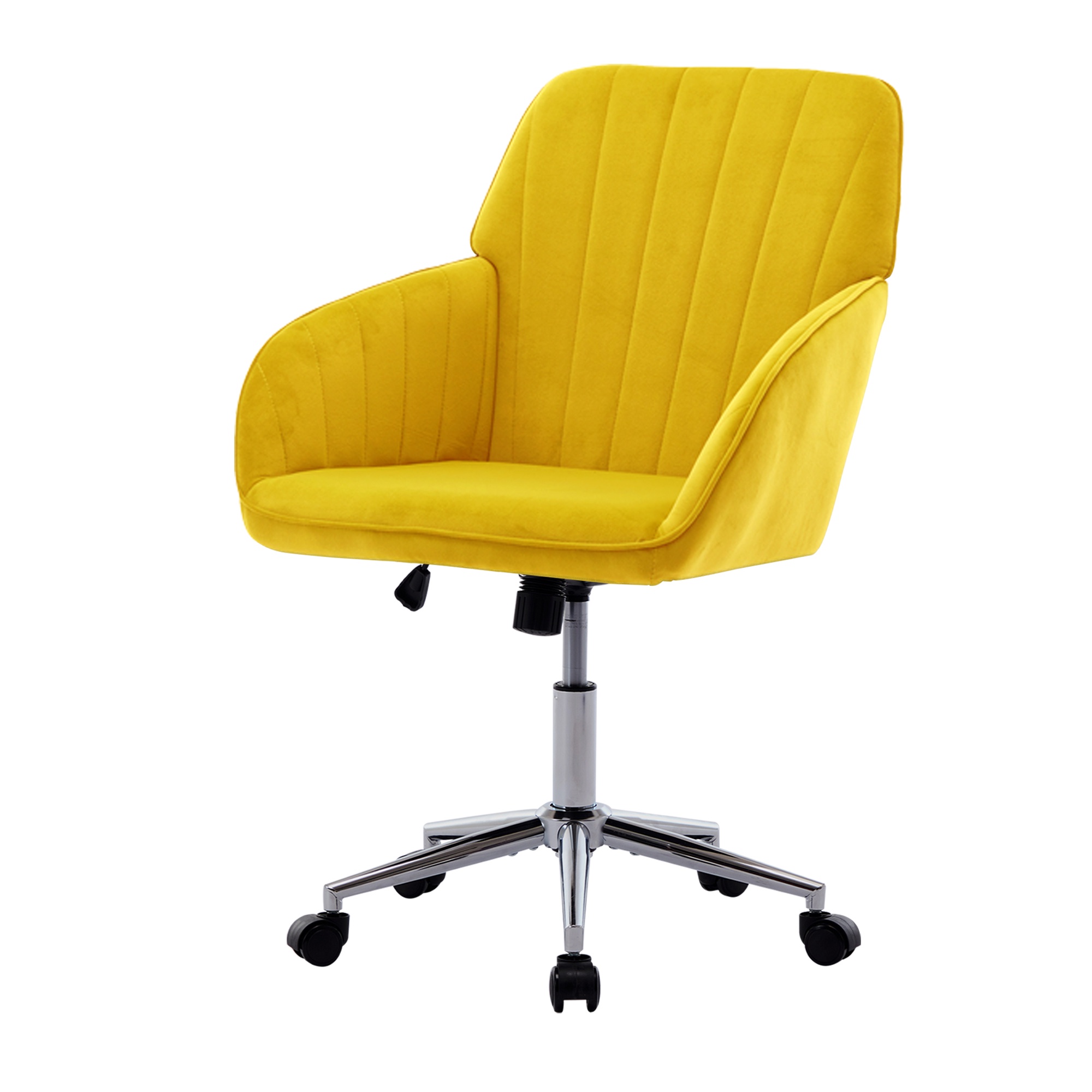 PORKISS Vanity Chair, Swivel Home Office Chair, Ergonomic Desk Chair with Silver Metal Base, Adjustable Height, Velvet Upholstered Task Chair, Bright Yellow