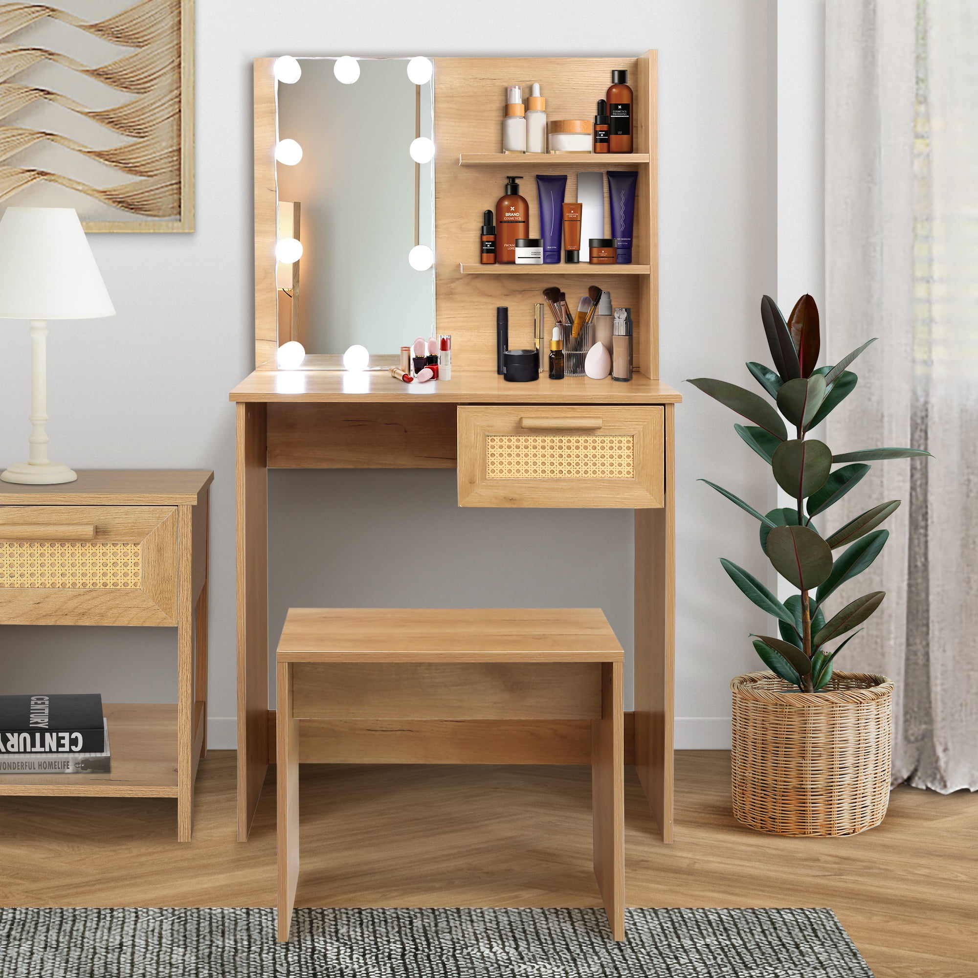 PORKISS Vanity Desk Set Modern Cosmetic Table with Mirror and Stool Freestanding Lighted Makeup Vanity Table Set with Drawer and Shelves Wood Dressing Table for Bedroom Nature Color Walmart