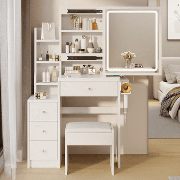 PORKISS Vanity Set with Sliding LED Mirror, Makeup Vanity with 2 AC and 2 USB Power Station, Modern Vanity Desk with Cushioned Stool and Hair Dryer Bracket, 3 Colors Lights, White