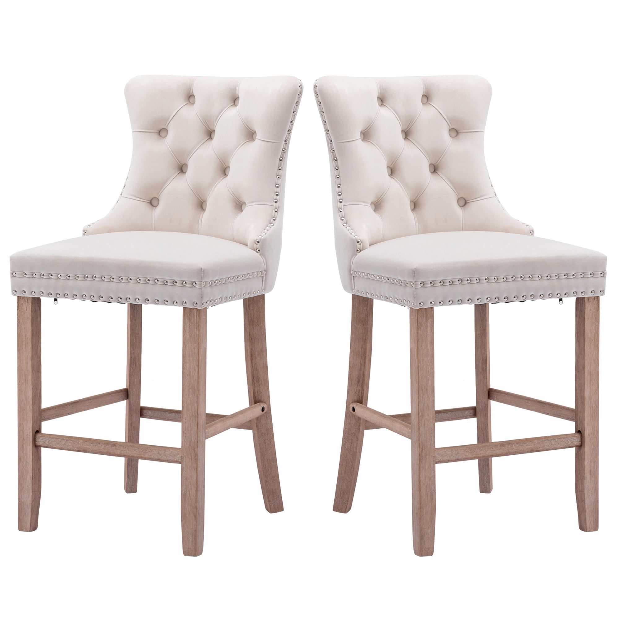 Paproos Upholstered Bar Stools Set of 2, Velvet Barstools with Wood Legs and Tufted, Modern Leisure Counter Height Bar Chairs with Chrome Nailhead Trim for Home Pub and Kitchen Island, Beige