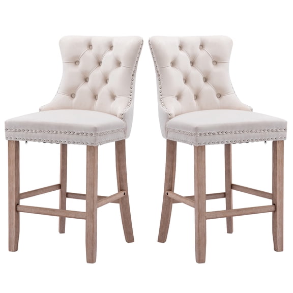 Paproos Upholstered Bar Stools Set of 2, Velvet Barstools with Wood Legs and Tufted, Modern Leisure Counter Height Bar Chairs with Chrome Nailhead Trim for Home Pub and Kitchen Island, Beige