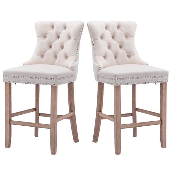 Paproos Upholstered Bar Stools Set of 2, Velvet Barstools with Tufted Back and Wood Legs, Modern Farmhouse Counter Height Bar Chairs with Chrome Nailhead Trim for Home Pub, Kitchen Island, Beige