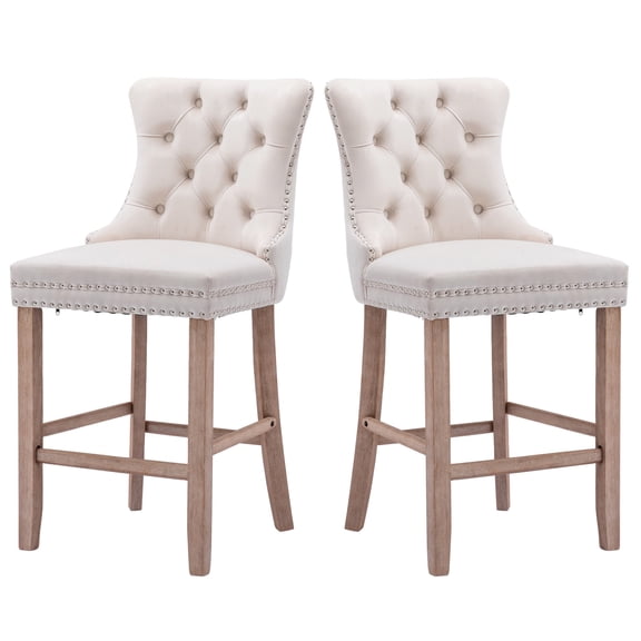 Paproos Upholstered Bar Stools Set of 2, Velvet Barstools with Tufted Back and Wood Legs, Modern Farmhouse Counter Height Bar Chairs with Chrome Nailhead Trim for Home Pub, Kitchen Island, Beige