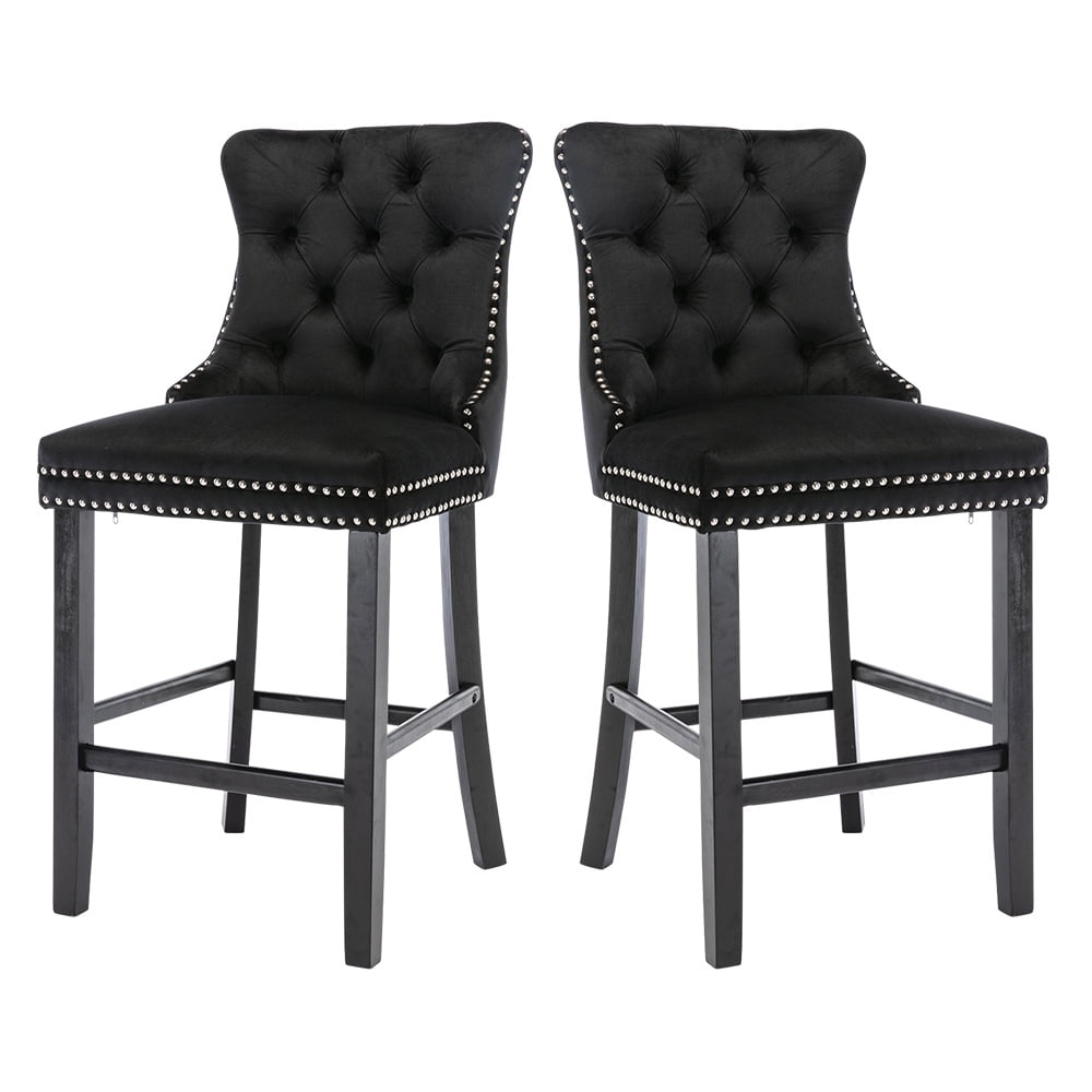 Paproos Upholstered Bar Stools Set of 2, Velvet Barstools with Wood Legs and Tufted, Modern Leisure Counter Height Bar Chairs with Chrome Nailhead Trim for Home Pub and Kitchen Island, Black