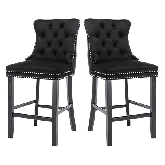 Paproos Upholstered Bar Stools Set of 2, Velvet Barstools with Wood Legs and Tufted, Modern Leisure Counter Height Bar Chairs with Chrome Nailhead Trim for Home Pub and Kitchen Island, Black
