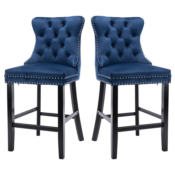Paproos Upholstered Bar Stools Set of 2, Velvet Barstools with Tufted Back and Wood Legs, Modern Farmhouse Counter Height Bar Chairs with Chrome Nailhead Trim for Home Pub, Kitchen Island, Blue