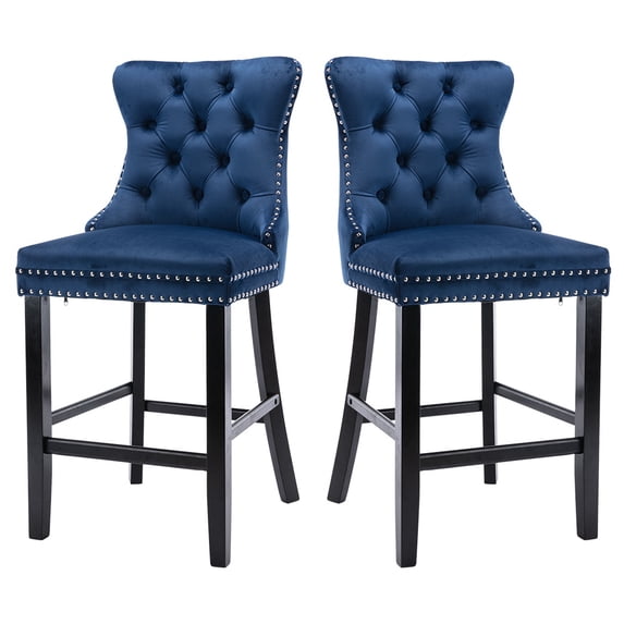 Paproos Upholstered Bar Stools Set of 2, Blue Velvet Barstools with Tufted Back, Nailhead Trim and Wood Legs, Counter Height Bar Chairs for Home Pub, Kitchen Island