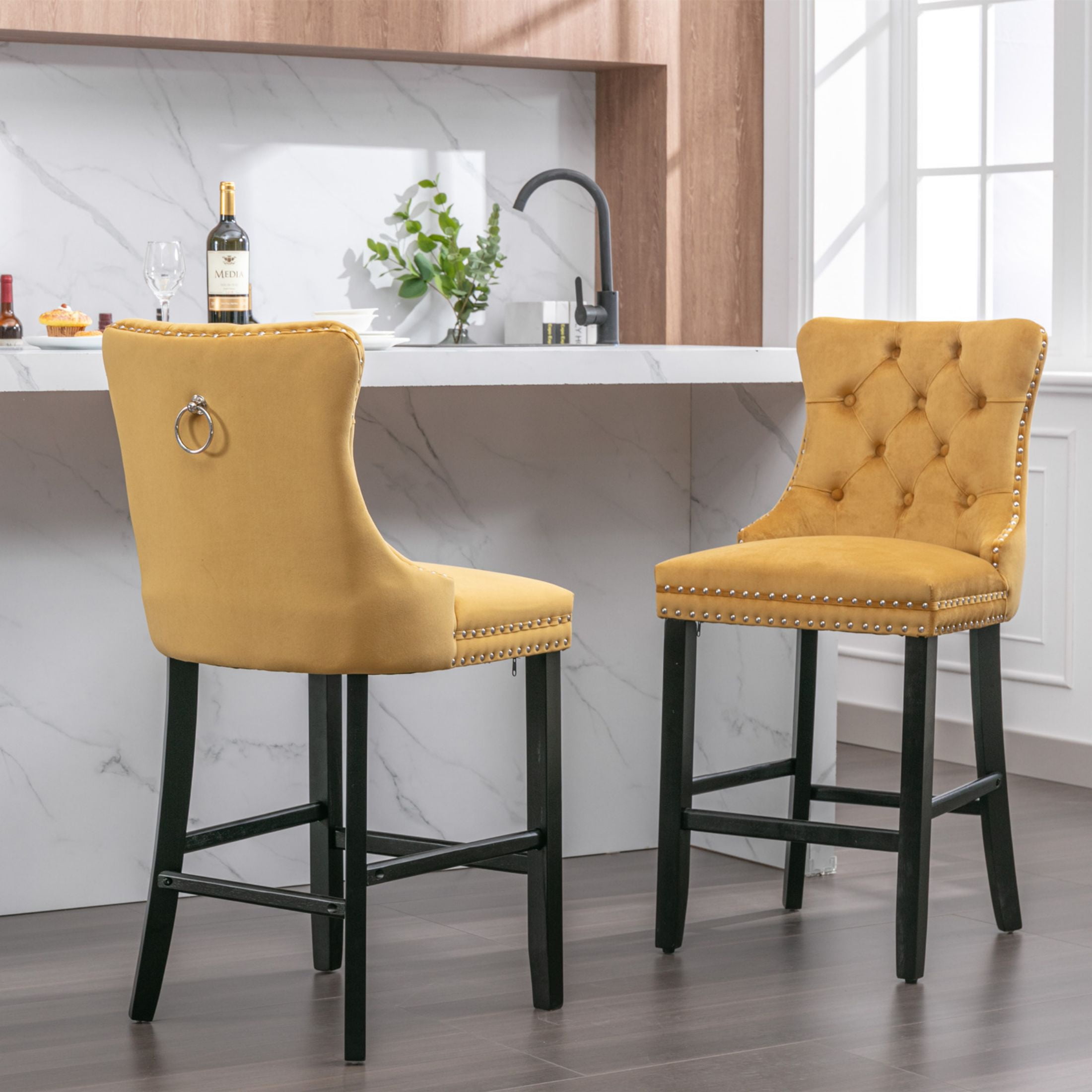 Paproos Upholstered Bar Stools Set of 2, Velvet Barstools with Wood Legs and Tufted, Modern Leisure Counter Height Bar Chairs with Chrome Nailhead Trim for Home Pub and Kitchen Island, Gold