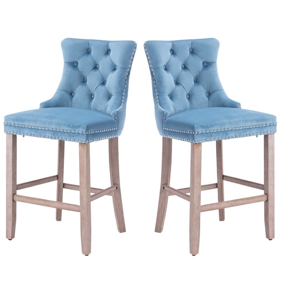 Paproos Upholstered Bar Stools Set of 2, Velvet Barstools with Tufted Back and Wood Legs, Modern Farmhouse Counter Height Bar Chairs with Nailhead Trim for Home Pub, Kitchen Island, Light Blue