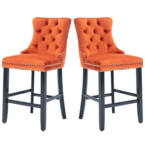 Paproos Upholstered Bar Stools Set of 2, Velvet Barstools with Wood Legs and Tufted, Modern Leisure Counter Height Bar Chairs with Chrome Nailhead Trim for Home Pub and Kitchen Island, Orange