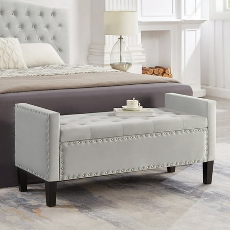 PORKISS Velvet Storage Bench, Upholstered Tufted Button Storage Ottoman with Nails Trim, Modern End of Bed Seat with Armrest for Living Room, Bedroom, Entryway, Gray