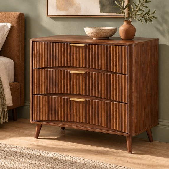 PORKISS Fluted 3 Drawer Dresser for Bedroom, 31.6" Mid Century Chest of Drawers with Curved Fronts, Wood Small Dresser with Metal Handles & Storage for Hallway Living Room Entryway, Walnut