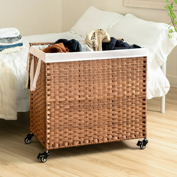 PORKISS Wheeled Laundry Basket with Lid, Laundry Hamper for PE Rattan, Waterproof Square Clothes Hamper with Removable Bags for Dorm Clothes Toy Storage, 42.26 Gal. Brown