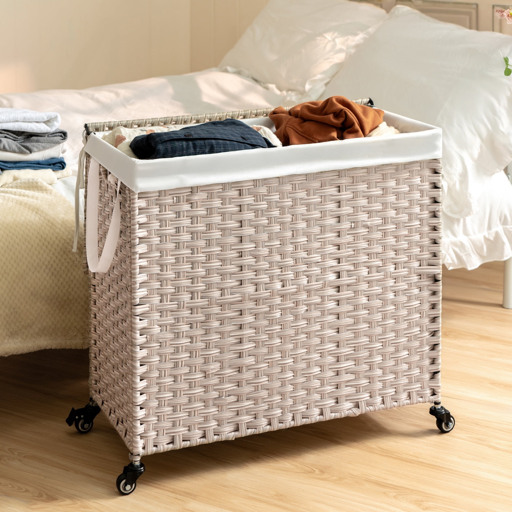 PORKISS Wheeled Laundry Basket with Lid, Laundry Hamper for PE Rattan, Waterproof Square Clothes Hamper with Removable Bags for Dorm Clothes Toy Storage, 42.26 Gal. Light Gray