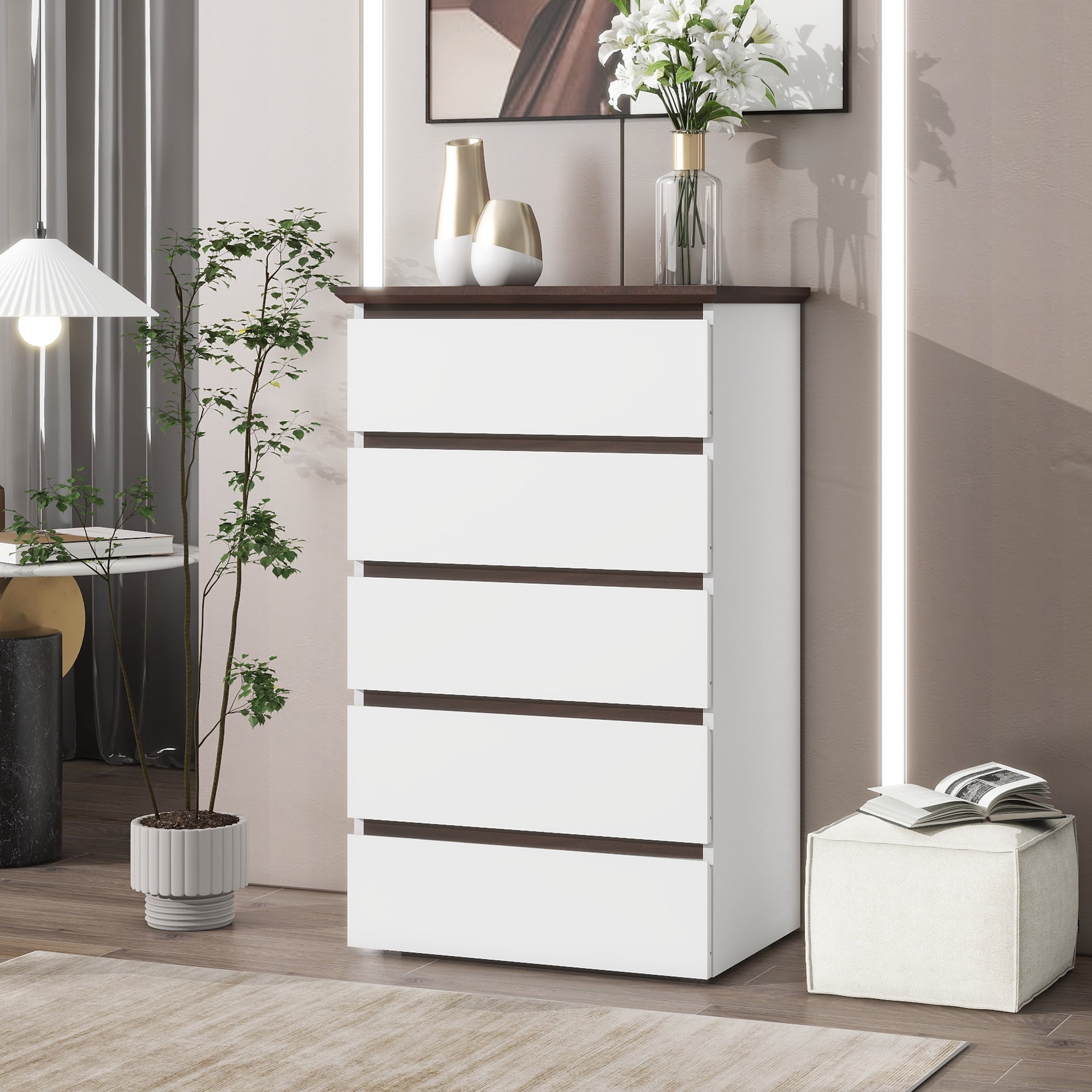 PORKISS White 5 Drawer Dresser for Bedroom, Wooden Chest of Drawers