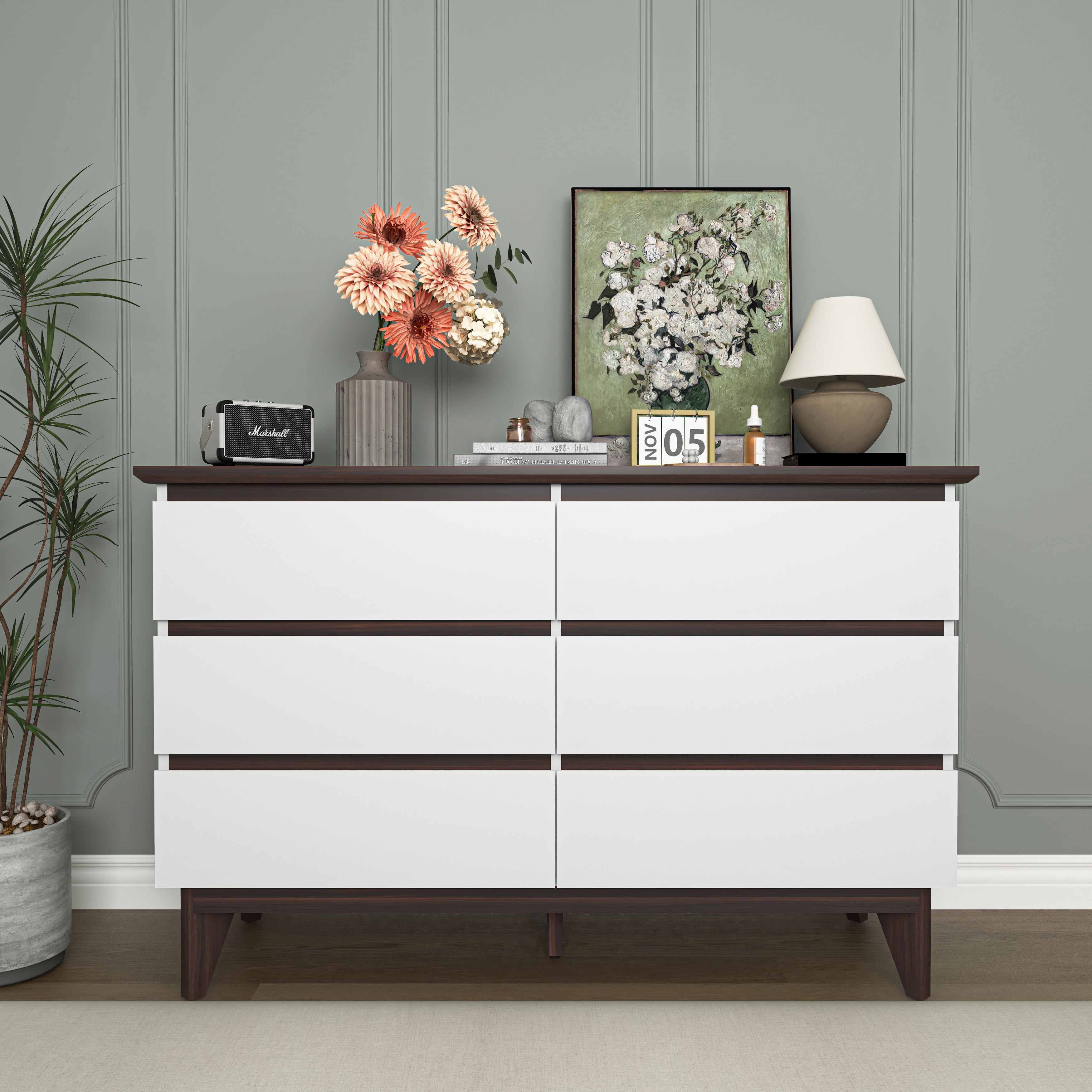 PORKISS White 6 Drawer Dresser for Bedroom, Wooden Chest of Drawer with