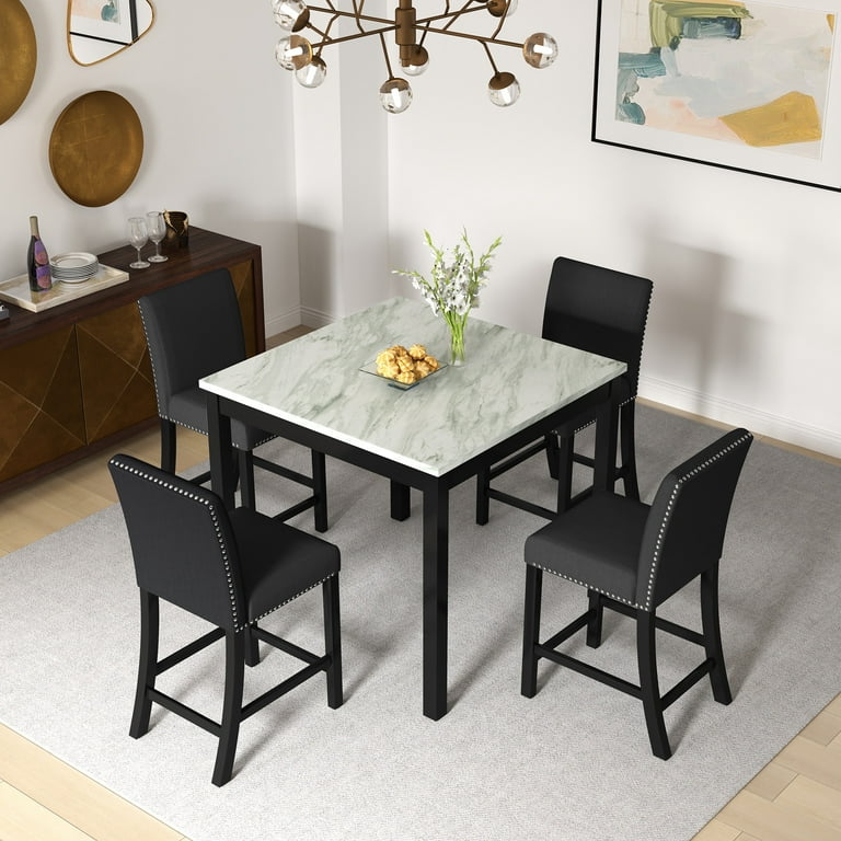 Black dining table with upholstered chairs discount