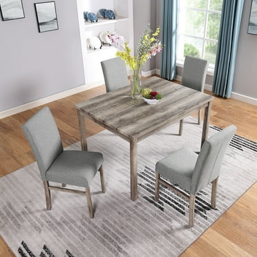 PORKISS Wood Dining Table Set for 4, 5 Piece Dining Room Set with 1 Table 4 Upholstered Chairs, Dark Gray