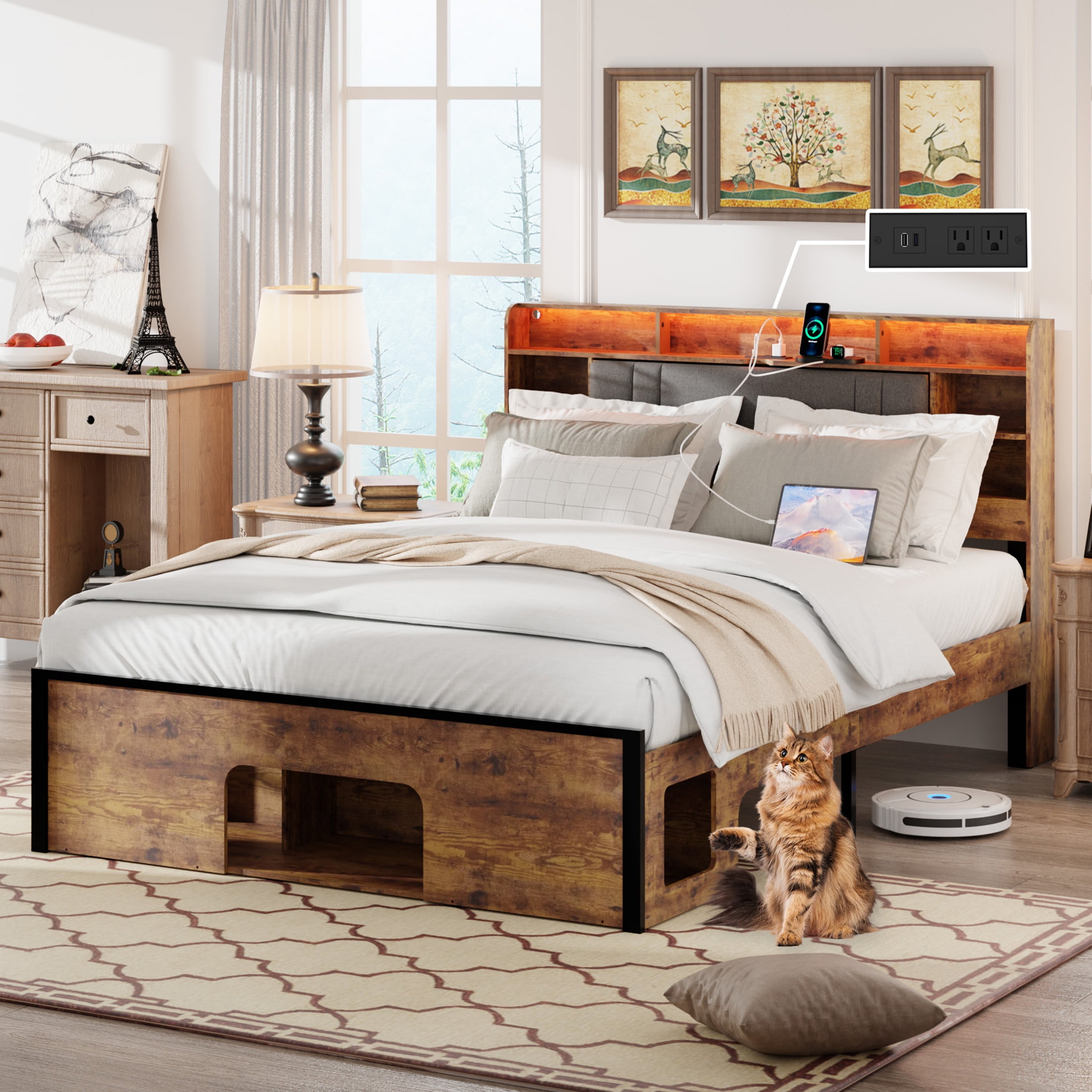 PORKISS Wood Queen Bed Frame with LED Storage Headboard, Upholstered