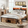 PORKISS Wood Queen Bed Frame with LED Storage Headboard, Upholstered