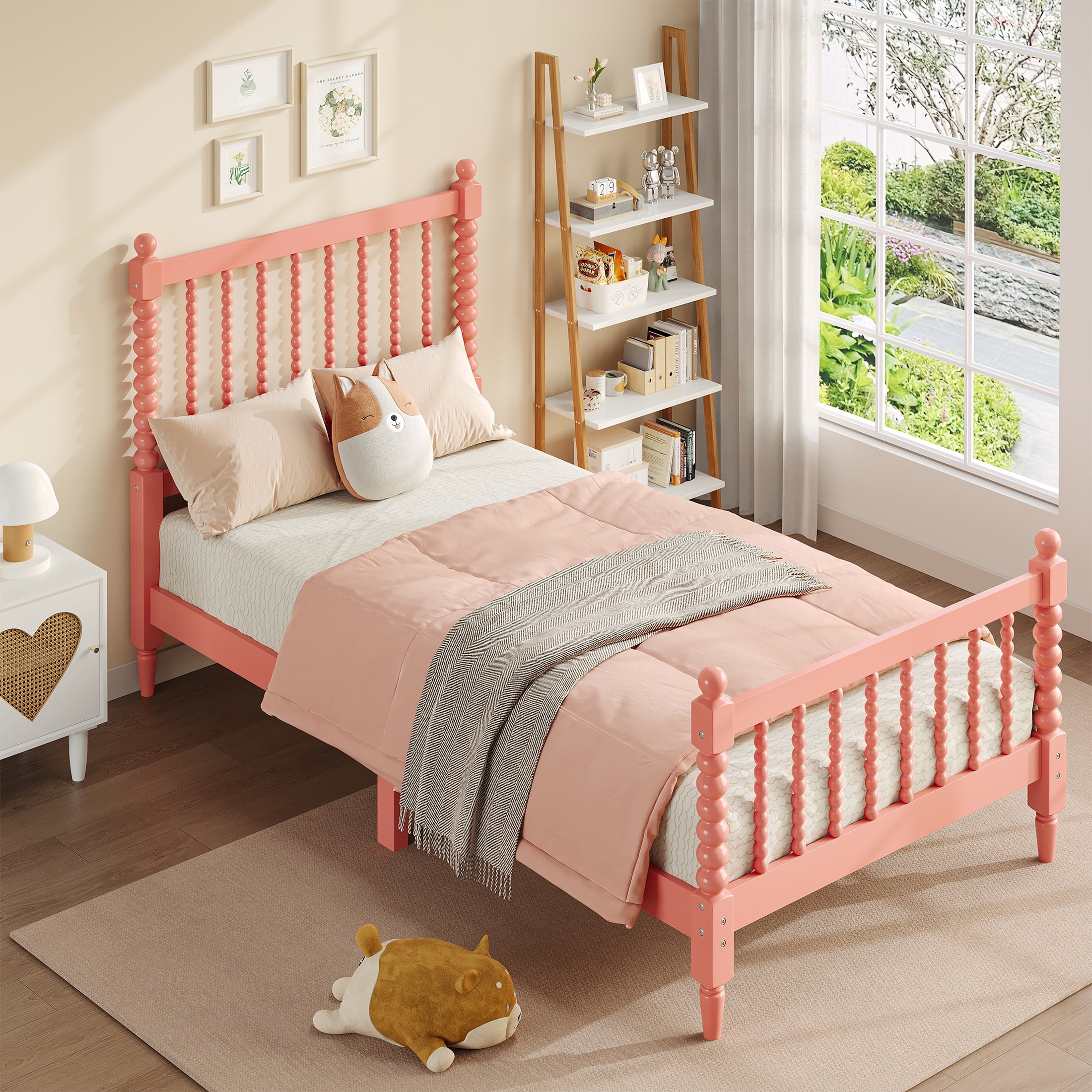 PORKISS Twin Size Bed Frame Wood Bed Frame with Victorian Style Headboard Footboard for Kids Boys Girls No Box Spring Needed Pink Walmart