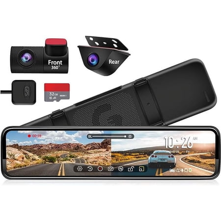 PORMIDO Mirror Dash Cam 12" with Detached Front Camera,Anti Glare Full Touch Split Screen HD 1296P,Car Backup Rear View Mirror Camera Dual Lens with Sony Sensor,Super Night Vision,Parking Assistance