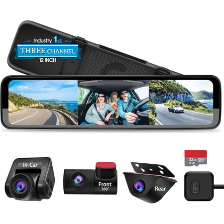 PORMIDO Triple Mirror Dash Cam 12" with Detached Front and in-Car Camera,Waterproof Backup Rear View Dashcam Anti Glare 1296P IPS Touch Screen with Sony Sensor,Starvis Night Vision,GPS,Parking Assist