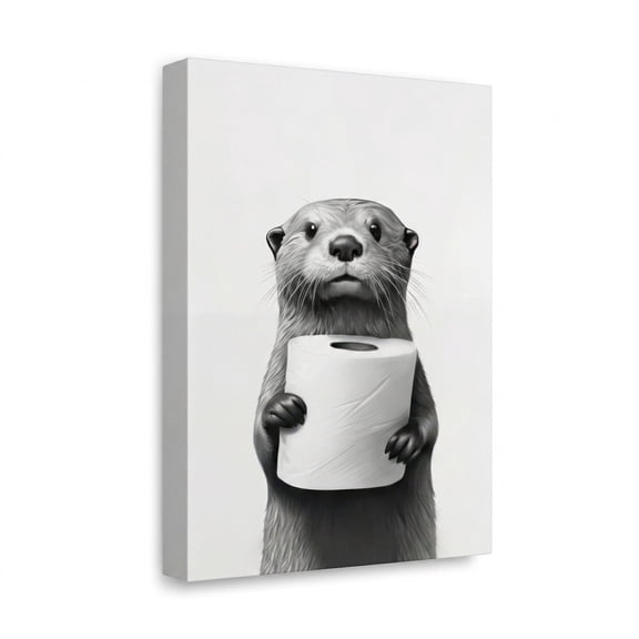 PORMIPONE Funny Otter Bathroom Wall Art 16x24in Gallery Wrapped Frame Black and White Humor Animal Holding Toilet Paper Roll Decor for Bathroom