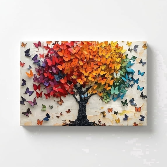 PORMIPONE Butterfly Tree Wall Art, 12x16in Gallery Wrapped Canvas, Colorful Butterfly Painting, Textured Nature Wall Decor for Living Room Bedroom