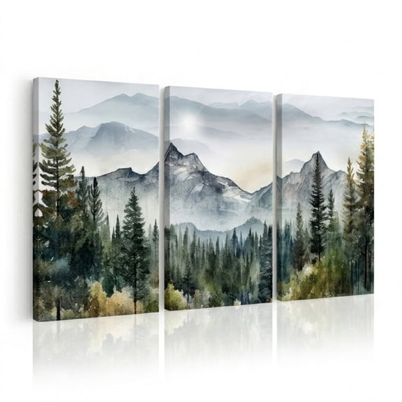PORMIPONE Misty Mountain Set of 3 Canvas Wall Art 24x36in Gallery Wrapped Watercolor Foggy Forest Landscape for Living Room Decor