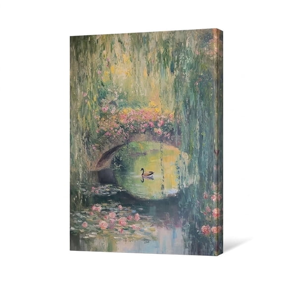 PORMIPONE Garden Bridge Wall Art, Impressionist Floral Landscape Canvas, 12x16in Gallery Wrapped Canvas, Vintage Wall Decor for Living Room Bedroom