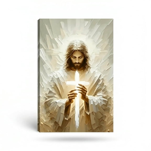 PORMIPONE Jesus Wall Art, 24x36in Canvas, Jesus Holding Cross Religious Painting, Textured Christian Wall Decor for Living Room Prayer Room Church