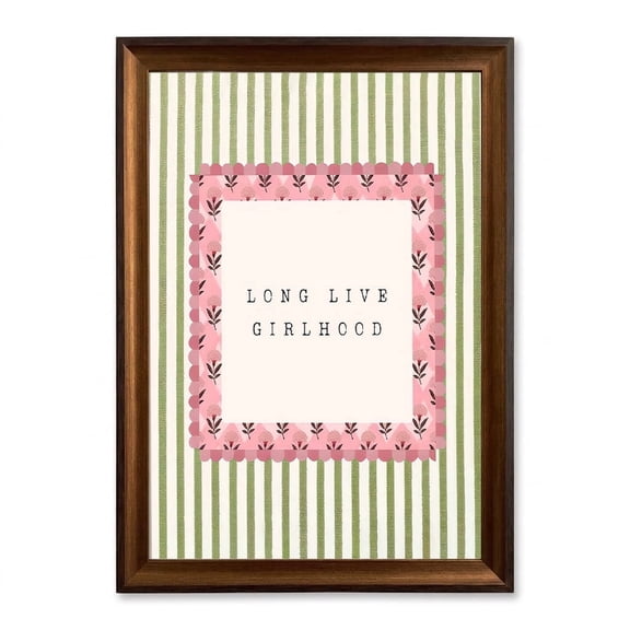 PORMIPONE Inspirational Typography Wall Art 16x24 inch Long Live Girlhood Canvas Green Pink Striped Wood Framed Print for Bedroom