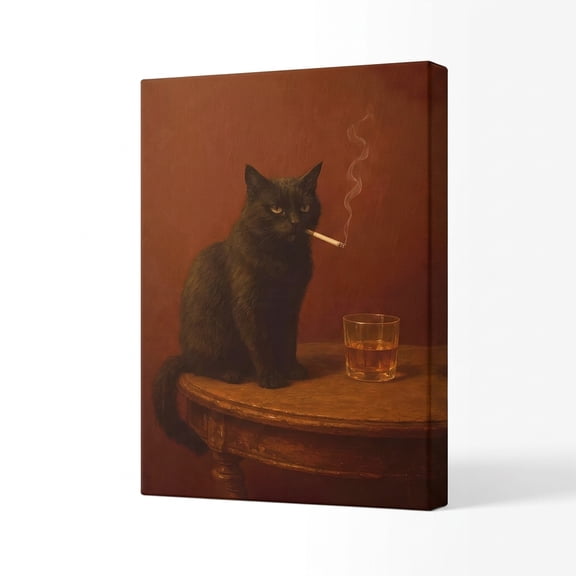 PORMIPONE Quirky Canvas Print of a Black Cat Drinking Whiskey—16x24 Inch Vintage Oil Painting Style Poster Featuring a Cigar-Smoking Cat; Ideal Wall Decor for Dining Rooms and Pubs