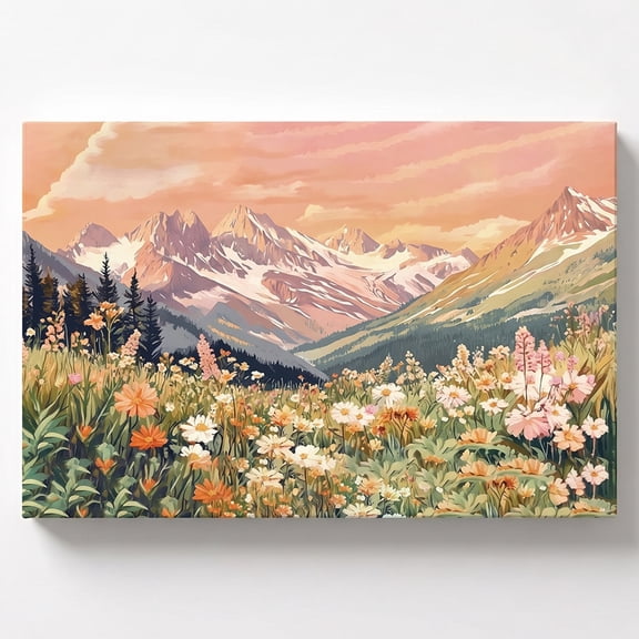 PORMIPONE Wildflower Mountain Wall Art 36x24 inch Orange Sunset Landscape Wrapped Canvas Print Artwork for Living Room Decor