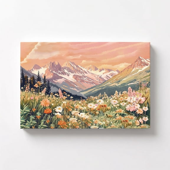 PORMIPONE Wildflower Mountain Wall Art 16x12 inch Orange Sunset Landscape Wrapped Canvas Print Artwork for Living Room Decor