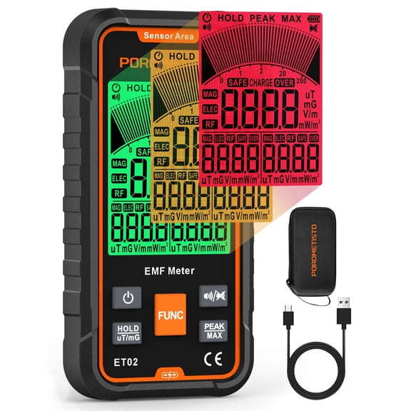 POROMETISTO 3-in-1 EMF Meter, 5G RF/EF/MF Radiation Detector with Backlit LCD, Sound & Light Alarm, Ghost Hunting Paranormal Detector for Home and Office