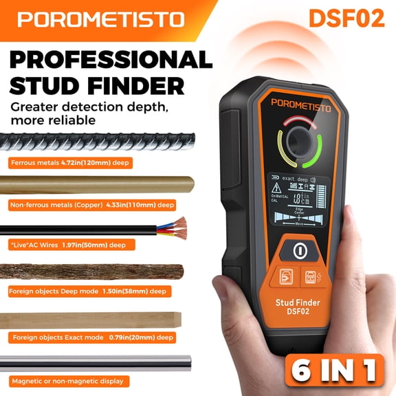 POROMETISTO DSF02 6-in-1 Stud Finders, Wire Family Finder with Light and Line Guidance, Type-C Charging, for AC Wiring, Wood, Metal, and Pipes, with Precision/Depth Mode