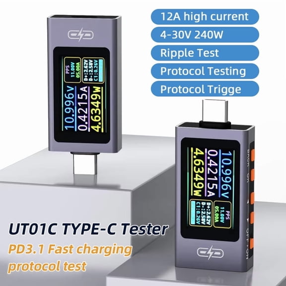 POROMETISTO UT01C Type-C USB Tester Grayish Blue DC4-30V 0-12A Multifunctional Power Meter with 1.14inch IPS Digital Display Multimeter Voltage Current Detector Support PD, QC, PPS and Other