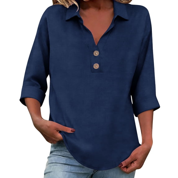 POROPL 3/4 Sleeve Women's Top V Neck Shirts Casual Summer Button Up Shirt Roll Up Blouse