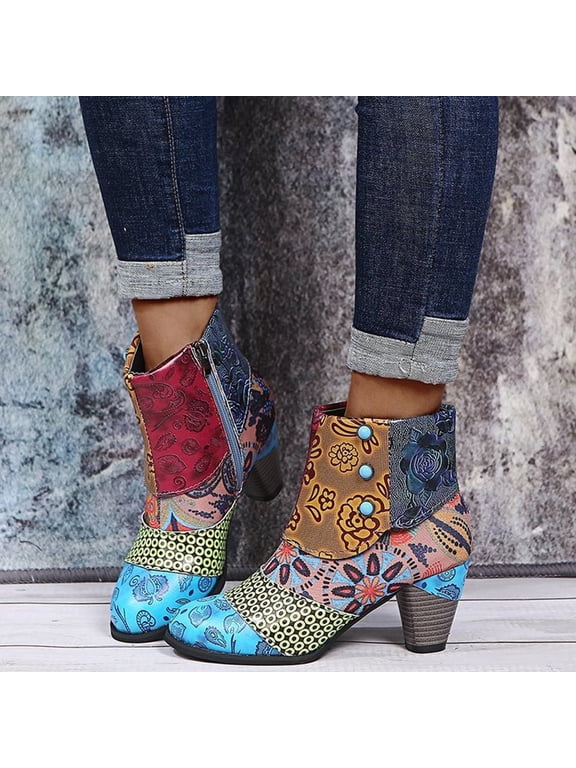 Ankle Boots for Women Boho Patchwork Floral Print Heeled Boots, Side Zipper Fashion Fall Winter Shoes