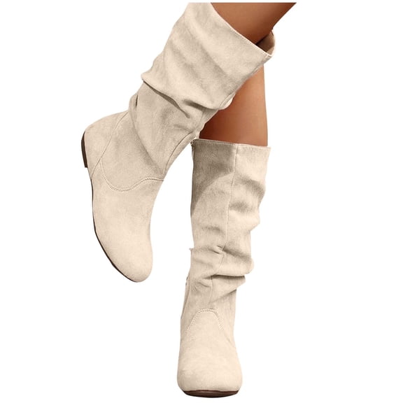 POROPL Boots for Women Casual Zipper Suede Fall Style Fashion Trend Stacked Flat Mid-Calf Boots