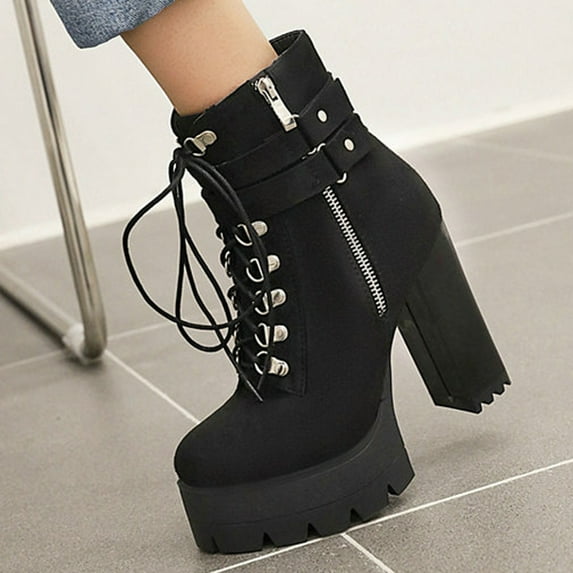 POROPL Ankle Boots for Women High Heel Chunky Fleece Lace Up Shoes,Womens Boots Size 4.5