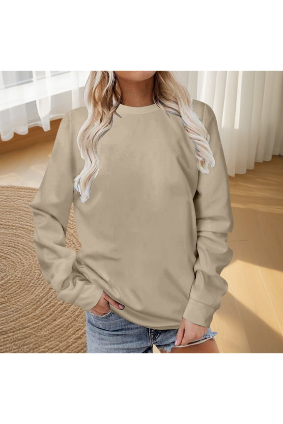 Beige Sweatshirts for Women Plain Crew Neck Sweatshirts Casual Long Sleeve Pullover Tops